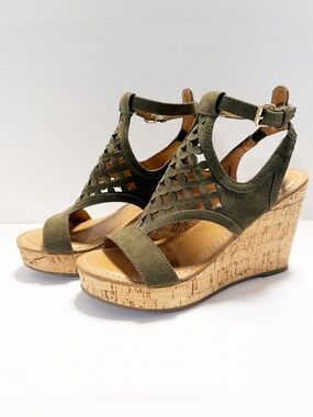 Olive Green Cork Wedge Sandals - Women's Ankle Strap Heels